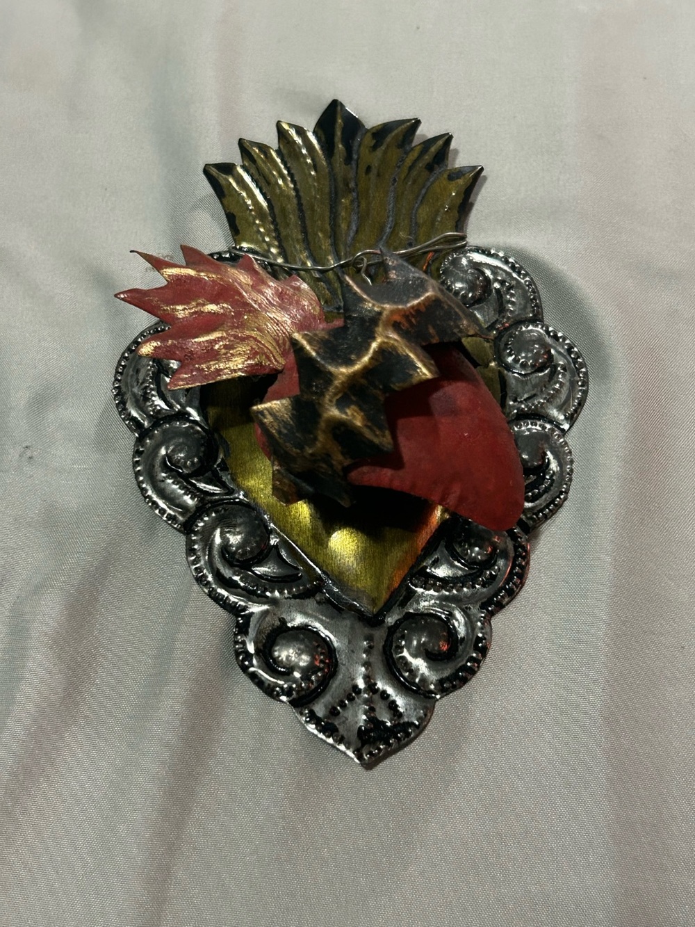 Authentic Mexican Folk Art Sacred Heart Tin 3D Wall Hanger.